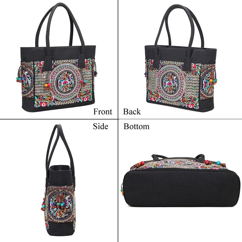 SILKAREA Embroidered Large Canvas Tote Bag for Women with Zipper Handmade Vintage Handbag Shoulder Bag (S1 Black) - Image 4